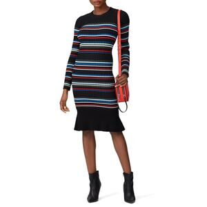 Parker Bruna Black Multicolor Striped Long Sleeve Crewneck Knit Sweater Dress L